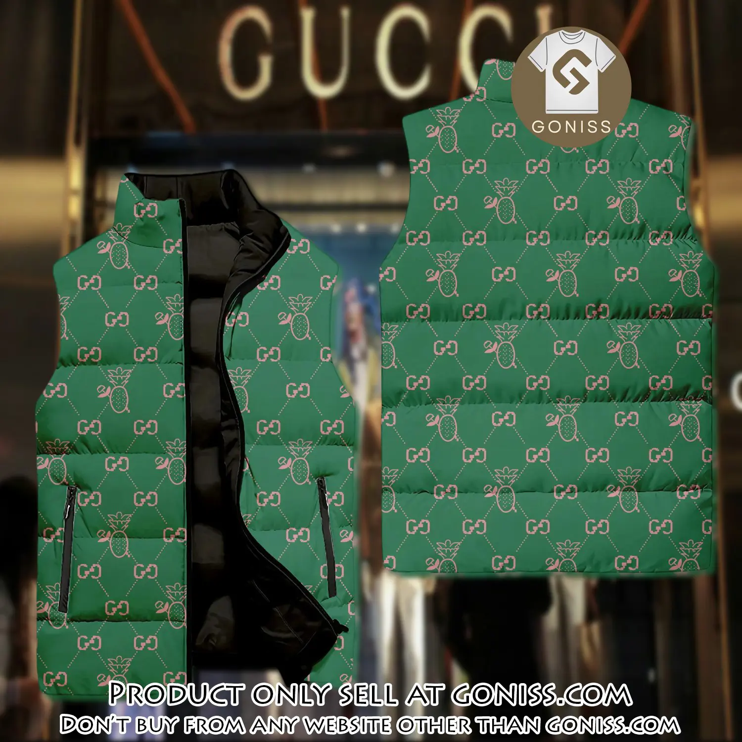 Gucci green pattern luxury brand 3d sleeveless down jacket gn1011006